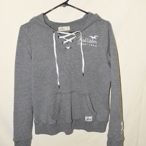 grey abercrombie and fitch lace up logo hoodie